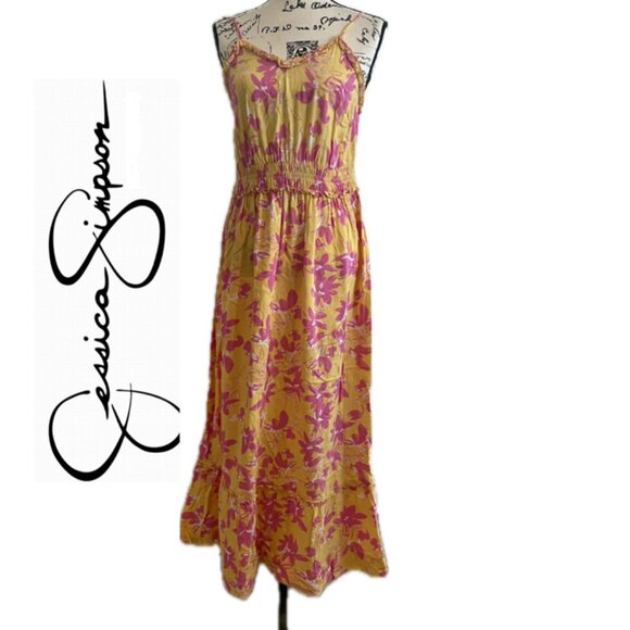 BOHO CHIC MAXI DRESS FLORAL HOT PINK YELLOW SZ L PREPPY CHIC RUFFLE V-NECK SEXY - Picture 1 of 16